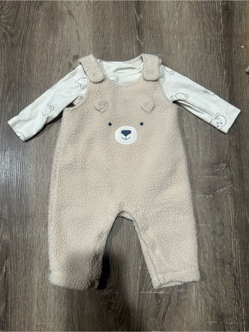 Fuzzy Bear Applique Sherpa Baby Overalls with Bear Print Long Sleeve